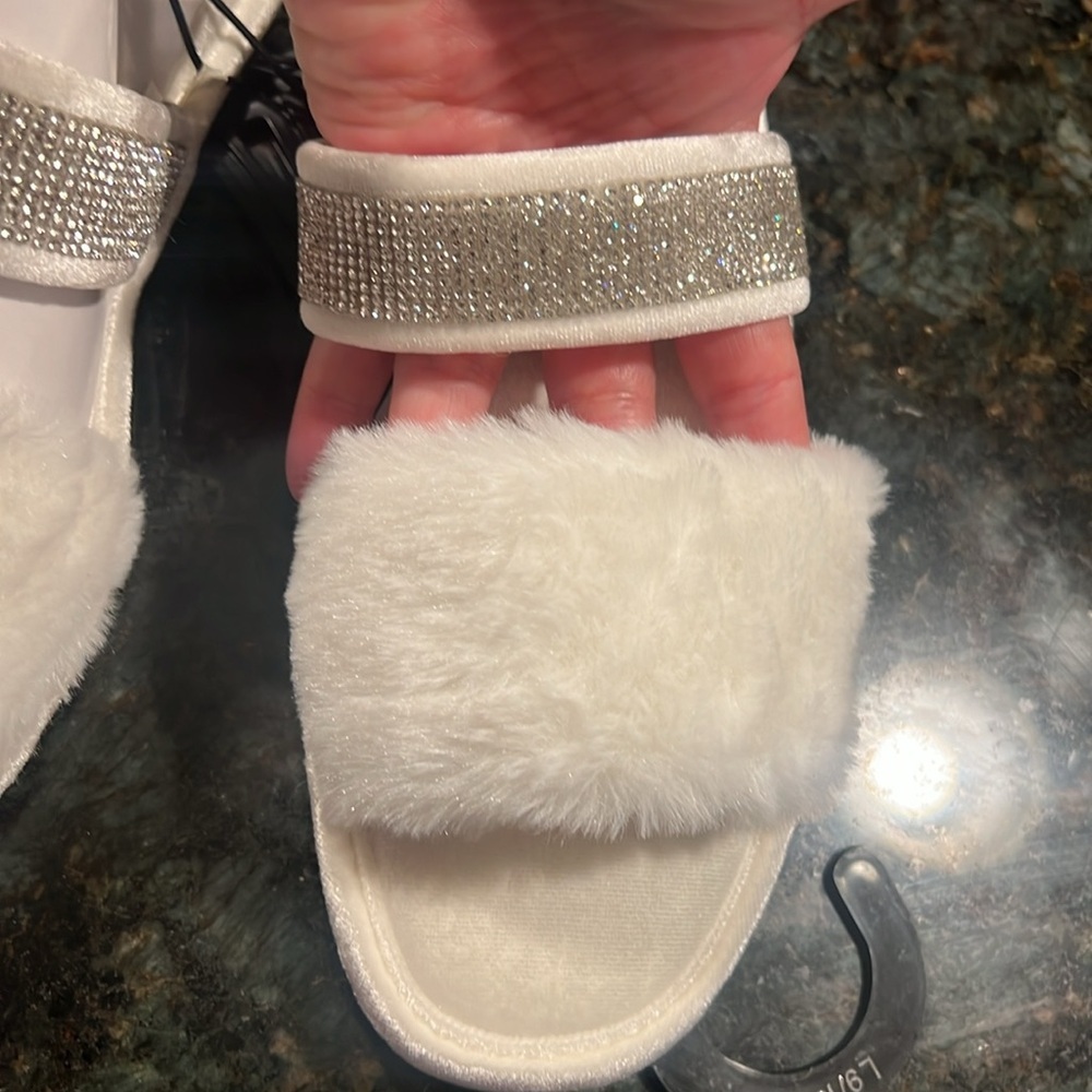 INC International Concepts White Faux Fur Slide Slippers with Rhinestone Strap - Picture 2 of 4